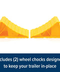 Camco RV wheel chocks, 2-pack, yellow molded hard plastic for trailer wheels up to 26 inches.