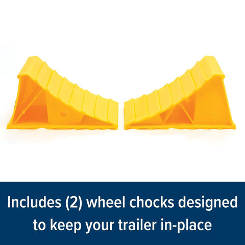 Camco RV wheel chocks, 2-pack, yellow molded hard plastic for trailer wheels up to 26 inches.