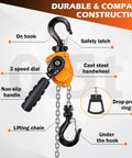 YATOINTO mini lever chain hoist, 1/2 ton, orange body with steel chain and hook (front view)