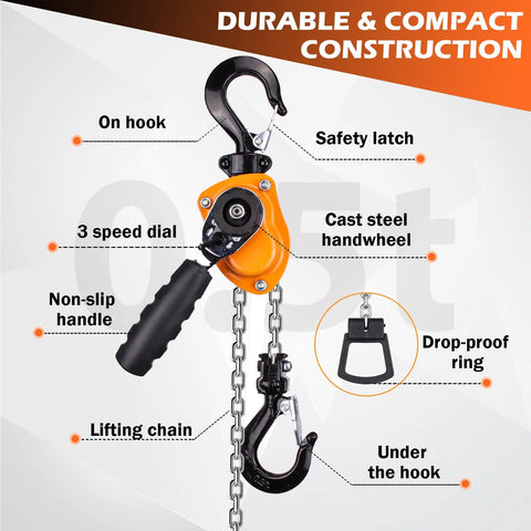 YATOINTO mini lever chain hoist, 1/2 ton, orange body with steel chain and hook (front view)
