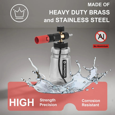Wide Mouth Foam Cannon For Pressure Washer With Thick Snow Foam For Car Wash, made of heavy duty brass and stainless steel.