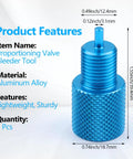 Four Piece Brake Proportioning Valve Bleeder Tool For Gm Style Combo Valves Disc Disc And Disc Drum Compatible With Pv2 Pv4 Blue aluminum alloy tool with dimensions.