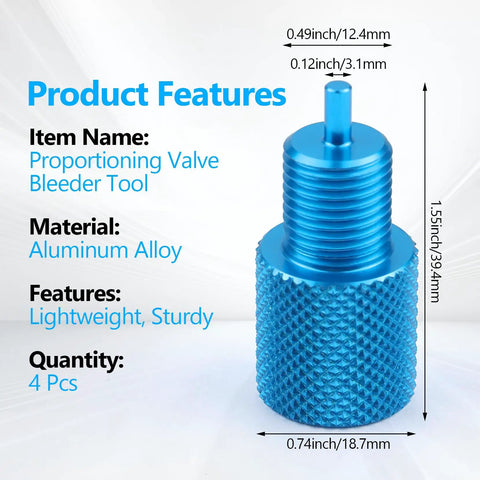Four Piece Brake Proportioning Valve Bleeder Tool For Gm Style Combo Valves Disc Disc And Disc Drum Compatible With Pv2 Pv4 Blue aluminum alloy tool with dimensions.