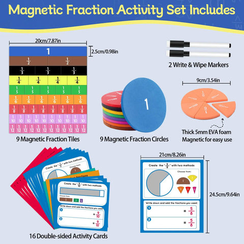 Hands On Fraction Tiles And Circles Activity Set For Kids Ages 6 To 12 Learn Fractions With Visual Circles And Bars Math Manipulatives Includes 102 Easy Grip Foam Pieces 9 Fraction Tiles 9 Circles 16 Double Sided Cards And Dry Erase Markers, shown with components including tiles, circles, activity cards, and markers.