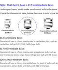 Diagram showing E12, E17, and E26 bulb base dimensions for Pack Of 4 LED Appliance Light Bulbs For Microwave Refrigerator Range Hood Over Stove 5000K Daylight E17 Base 3W 360Lm Dimmable 40W Incandescent Equivalent