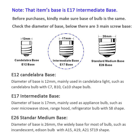 Diagram showing E12, E17, and E26 bulb base dimensions for Pack Of 4 LED Appliance Light Bulbs For Microwave Refrigerator Range Hood Over Stove 5000K Daylight E17 Base 3W 360Lm Dimmable 40W Incandescent Equivalent