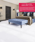 Bedroom interior with Premium Peel And Stick Luxury Vinyl Flooring Tiles With BaseCore, 36 wood look planks in grey.