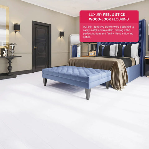 Bedroom interior with Premium Peel And Stick Luxury Vinyl Flooring Tiles With BaseCore, 36 wood look planks in grey.