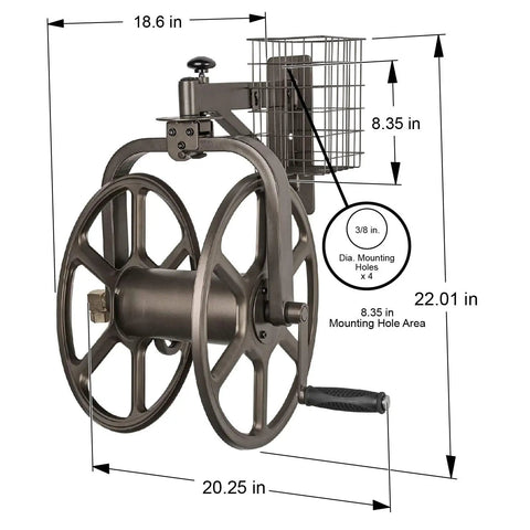 Single Arm Garden Hose Reel With 360 Degree Rotation Holds 125 Feet Of Five Eighths Inch Hose 18 Gauge Steel With Weatherproof Bronze
