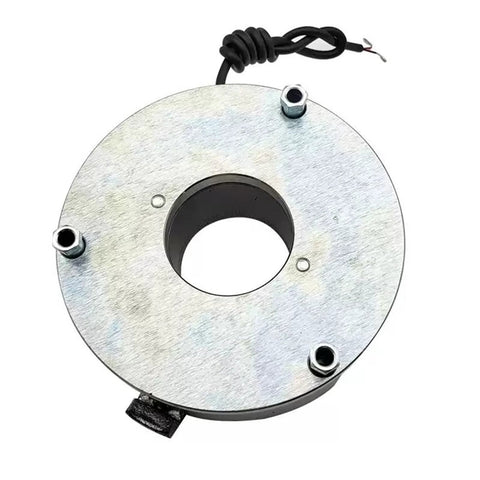 Round silver metal motor holding brake mounting plate with central bore, three mounting holes and attached wiring.