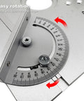 Close-up of the angle adjustment feature of the Premium Aluminum Alloy Router Table Insert Plate With Precision Slide Ruler.