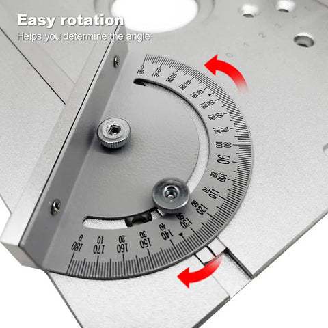 Close-up of the angle adjustment feature of the Premium Aluminum Alloy Router Table Insert Plate With Precision Slide Ruler.
