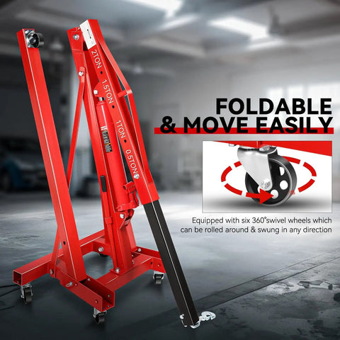 Two Ton Hydraulic Engine Hoist crafted as a garage workhorse showing foldable design and six swivel casters for easy mobility.