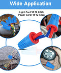 Waterproof IP65 Wire Electrical Connectors 22 AWG To 14 AWG Outdoor Seal Cap Twist Nuts Cable Terminal Connector For Landscape Lights Irrigation Valves Wet Location Installation in various use setups with blue connector caps.