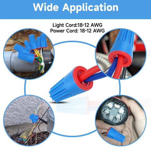 Waterproof IP65 Wire Electrical Connectors 22 AWG To 14 AWG Outdoor Seal Cap Twist Nuts Cable Terminal Connector For Landscape Lights Irrigation Valves Wet Location Installation in various use setups with blue connector caps.
