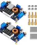 High Power Adjustable Buck Converter Module 5A 4-38V Input To 1.25-35V Output With 75W LED Display Copper Column DIY Voltage Regulator For Batteries And Automotive Projects 2 Pack, front view with components