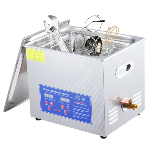 Heavy Duty 10 Gallon Ultrasonic Cleaner 240W Transducer And 300W Heater 40KHz Stainless Steel Tank with jewelry and tools inside.