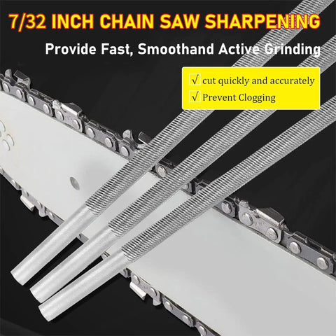 Close-up of chainsaw chain with three sharpening files, 7/32 inch. Text highlights fast, smooth grinding, cut accuracy, and clog prevention.