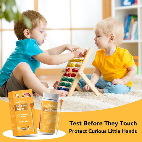 Children playing with toys beside Lead Test Kit For Home Surfaces With 30 Rapid Swabs And 30 Second Results.