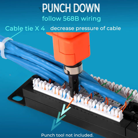 Close-up of 24 Port Cat6 Patch Panel With 10G Ready Ethernet, showing plug-and-play punch down block for Cat6 Cat5e Cat5 cabling.