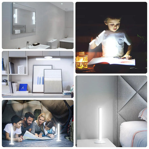 Collage featuring Portable Rechargeable LED Vanity Lights With Touch Control And Three Brightness Levels For Makeup, Bathroom Or Dressing Room, 200 Lumen Maximum, USB Powered, 2 Pack Set For On The Go Glam, used in various settings.