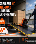 Hella Heavy Duty Electric Pallet Jack Bringing Badass Performance To Daily Warehouse Shifts With Rock Solid 4400 LB Load Capacity Featuring Rugged Steel Forks And Quick Charge Lithium Battery used on a 6° incline ramp with pallets.
