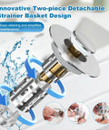 Heavy Duty Two Pack Bathroom Sink Drain Strainer With Slick Pop Up Stopper And Triple Layer Filtering, showing two-piece strainer with water.