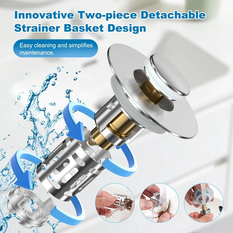 Heavy Duty Two Pack Bathroom Sink Drain Strainer With Slick Pop Up Stopper And Triple Layer Filtering, showing two-piece strainer with water.