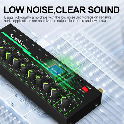 10 Channel Mini Stereo Audio Mixer Low Noise For Precision Sub Mixing with knobs and digital display, quarter inch TRS input output