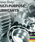 Close-up of heavy-duty gears and ball bearings promoting heavy duty multi-purpose lubricants with Super Lube logo.