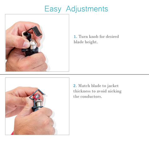 Round Cable Stripper With Adjustable Blade Depth For Precise Jacket Removal, hands adjusting blade height and thickness