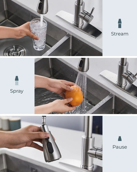Brushed Nickel Kitchen Faucet With Pull Down Sprayer Built For No Fuss Real Life Heavy Duty High Arc Single Handle Stainless Steel Sink Faucet in use