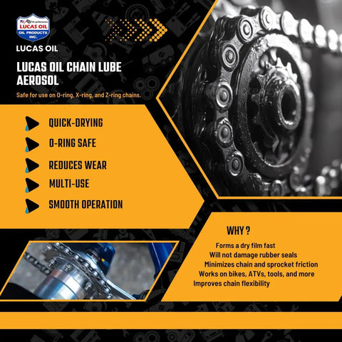 Heavy Duty Chain Lube 6 Pack 11 Oz Cans Fast Drying Zero Mess Formula For Motorcycle And Atv O Ring Roller Chains Gears Drive Systems Runs Like Butter Rust Busting Built Tough For Real Dirt Roads displayed with chain details.