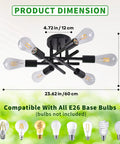 Product dimensions of Six Arm Semi Flush Mount Ceiling Light Fixture Modern Black Sputnik Chandelier Lighting with E26 sockets shown.