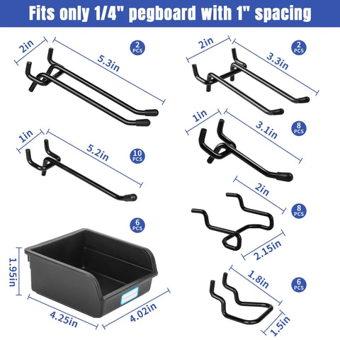196-Piece Extra Thick Quarter Inch Pegboard Hooks Set Heavy Duty Black Metal Pegboard Accessories displayed with dimensions