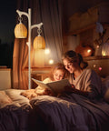 Mother and child reading under 68 Inch Farmhouse Floor Lamp With Tree Trunk Faux Wood Column And White Washed Wicker Drum Shade
