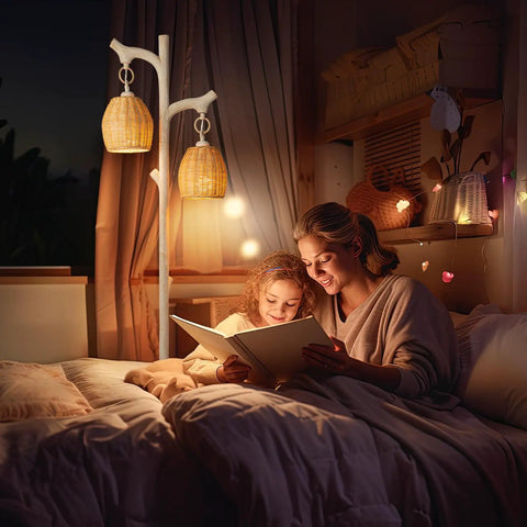 Mother and child reading under 68 Inch Farmhouse Floor Lamp With Tree Trunk Faux Wood Column And White Washed Wicker Drum Shade
