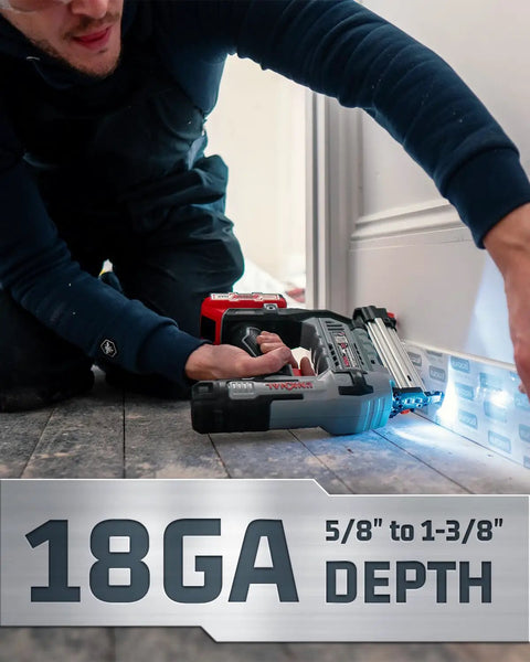 Kickass Cordless Brad Nailer Kit Cruises Through 18 Gauge Trim Work being used for precise wood trim installation.
