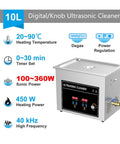 Powerful 360W Ultrasonic Cleaner With 10 Liter Tank And 40Khz High Frequency Vibrations features digital display and timer settings.