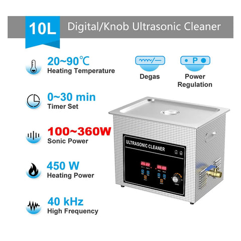 Powerful 360W Ultrasonic Cleaner With 10 Liter Tank And 40Khz High Frequency Vibrations features digital display and timer settings.