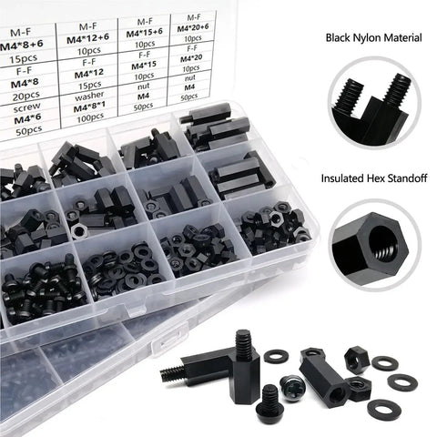 Nylon Insulated Hex Standoff Spacer Kit Pro Grade M2 M2.5 M3 M4 Hexagon Pillar Spacers For Electronics PC Builds And DIY Projects Assortment Pack With 850pcs M2.5 And 890 1300 1700 2600 Total Pieces. Black nylon hex standoff spacer set in organizer box for electronics and PC builds
