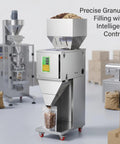 No Sweat Precision Granule Filling Machine With Heavy Duty Stainless Steel Build showing digital control and filled pouch.