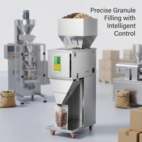No Sweat Precision Granule Filling Machine With Heavy Duty Stainless Steel Build showing digital control and filled pouch.