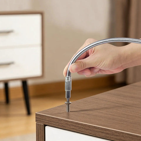 Flexible Drill Bit Extension Set With 360 Degree Bendable Design, One Quarter Inch Magnetic Hex Shaft in use on furniture