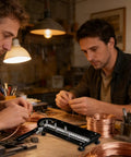 Two men use an Ergonomic Precision Wire Bender Tool For Tight Cable Forming And Quick Custom Bends in a workshop.