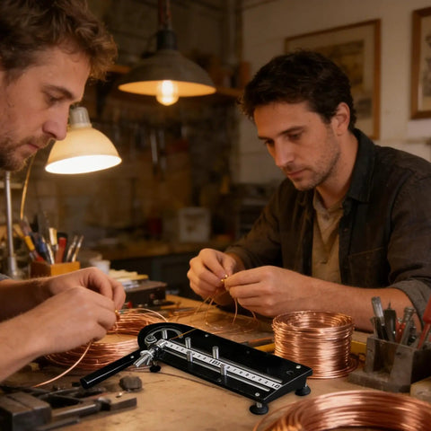 Two men use an Ergonomic Precision Wire Bender Tool For Tight Cable Forming And Quick Custom Bends in a workshop.