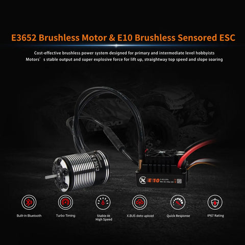 Sensored Brushless Motor And ESC Combo For RC Cars With IP67 Waterproofing, 2-4S LiPo Ready, turbo timing, shown on black background