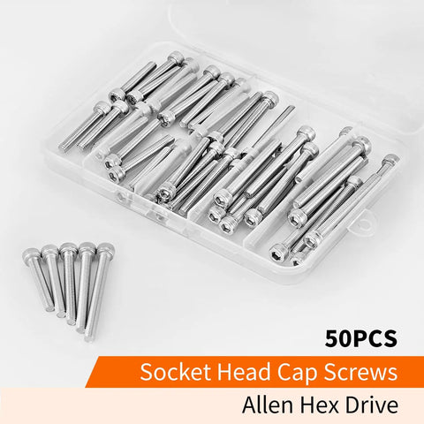 Top Shelf M5 Hex Socket Head Cap Screw Bolt Assortment Kit Built With Premium 304 Stainless Steel And A Rock Solid 4mm Allen Drive Metric Thread Mix Perfect For Serious Shop Projects Pack Of Fifty Pieces in a clear storage box.