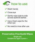 Opti-Soothe preservative-free eyelid wipes usage infographic with step-by-step eyelid cleaning and a green banner