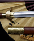 Flexible Tai Chi Sword Hand Forged Damascus Folded Steel Chinese Jian with Luxury Sandalwood Scabbard, detail view on fan